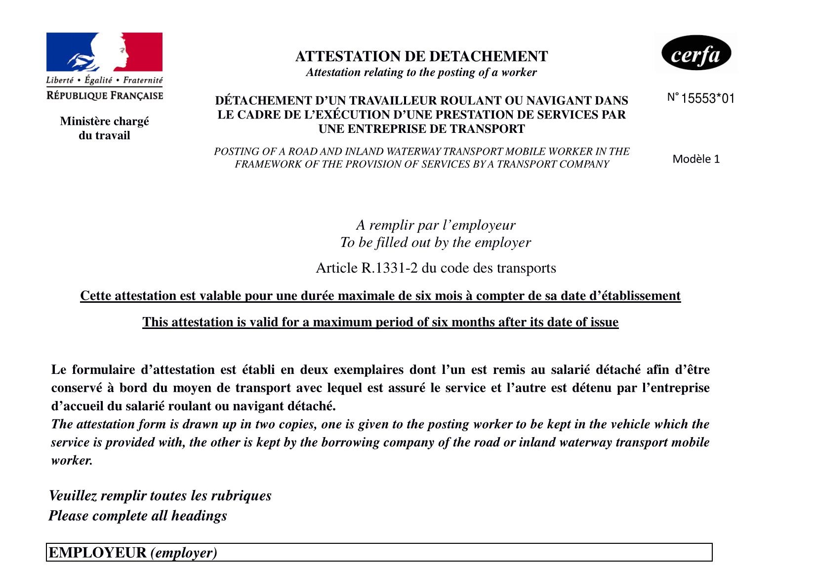 Certificate of secondment and representation in France
